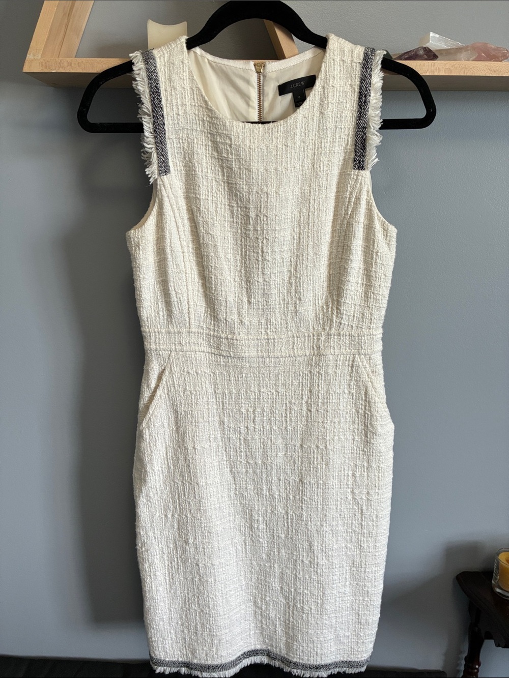 J CREW Cream Textured Midi Sheath Dress with Black Trim